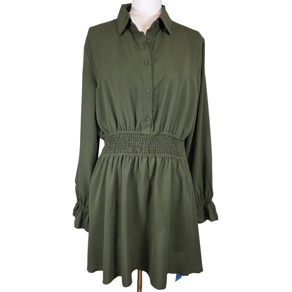 NWT XL Cupshe Button-Front Smocked Waist Long‎ Sleeve Unlined Dress Olive Green